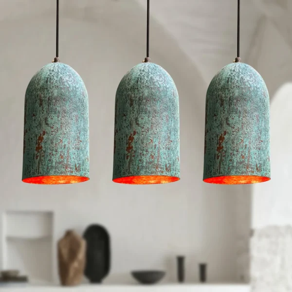 Trio of Patina Copper Cylinder Pendant Lights — Counter & Island Lighting